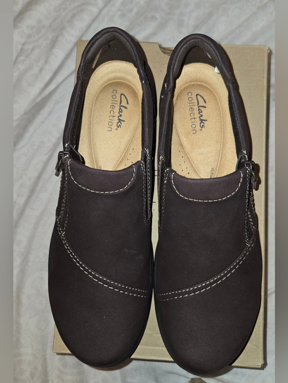 Clarks Dark Brown Nubuck Womens Loafers with Contrast Stitching 11M